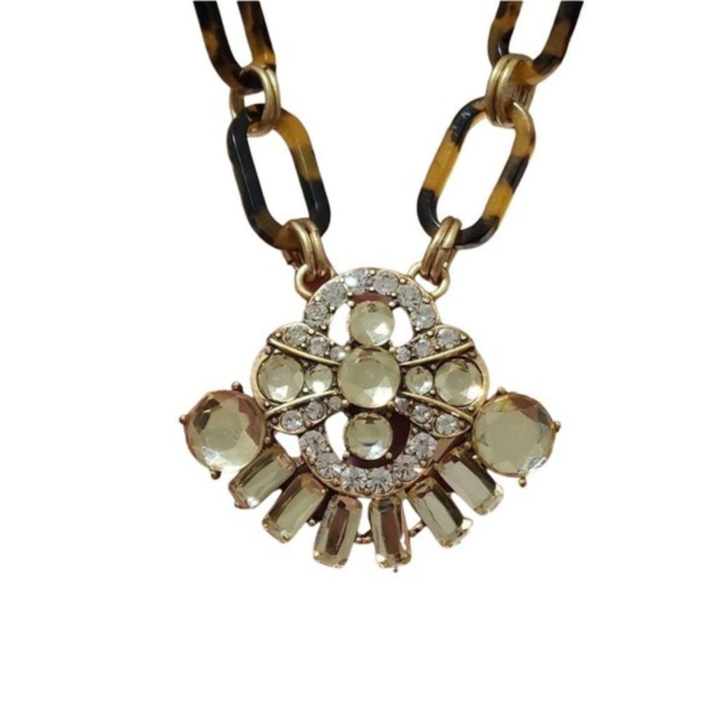 J.‎ Crew Tortoise Shell Link Statement Necklace Yellow Crystal Pendant Gold Tone